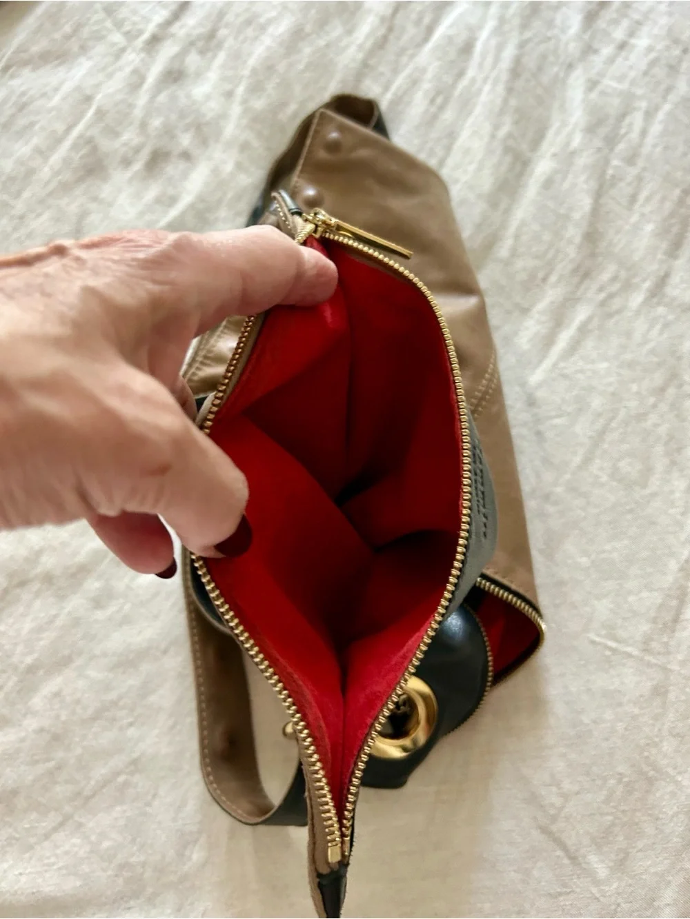 Hammitt Tan Leather Crossbody Bag with Gold Grommet Accents